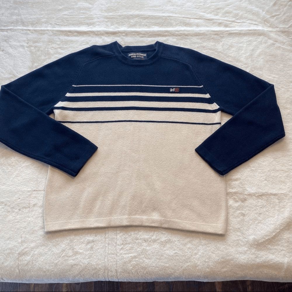 Abercrombie & Fitch A&F 92 Sweater Men M Navy Cream Striped Crew Neck Cotton